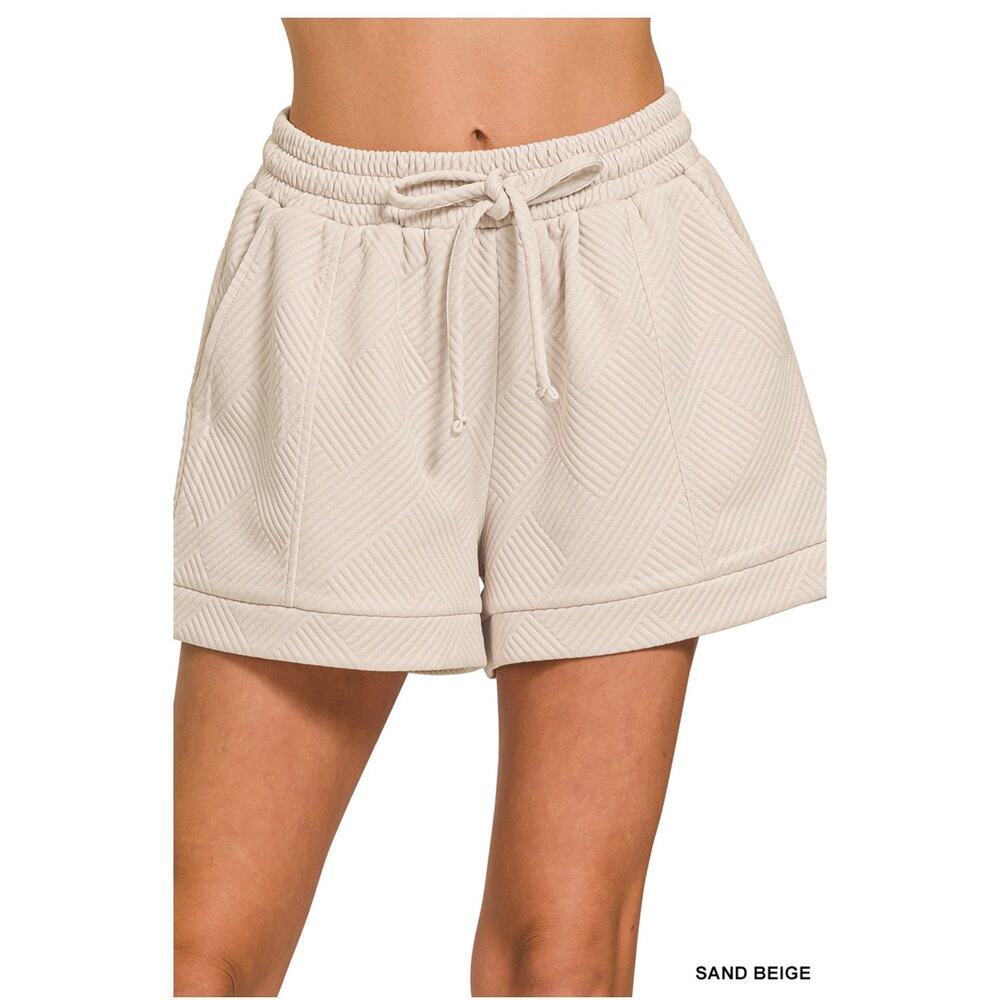 Zenana - Textured Knit Jacquard Drawstring Shorts (Sand Beige) - Large